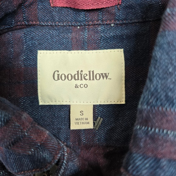 Goodfellow Plaid Denim‎ Chore Jacket Mens Small Blue Burgundy Trucker Style - Picture 7 of 12